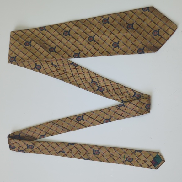 Tommy Hilfiger 90's Vintage Preppy Plaid Scattered Crest Logo Silk Neck Tie Tan - Picture 4 of 10